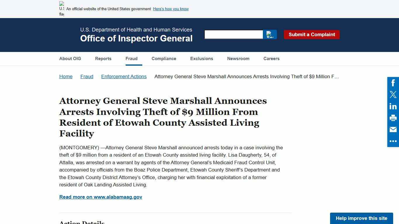 Attorney General Steve Marshall Announces Arrests Involving Theft of $9 Million From Resident of Etowah County Assisted Living Facility | Office of Inspector General | Government Oversight | U.S. Department of Health and Human Services